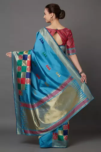Blue blue & gold-coloured silk blend woven design banarasi saree