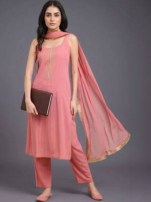 women regular thread work silk crepe kurta with trousers & with dupatta 1