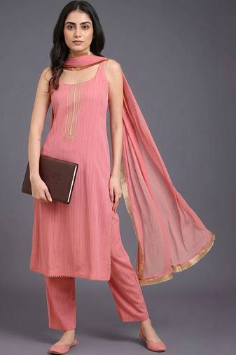women regular thread work silk crepe kurta with trousers & with dupatta