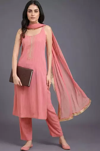 women regular thread work silk crepe kurta with trousers & with dupatta