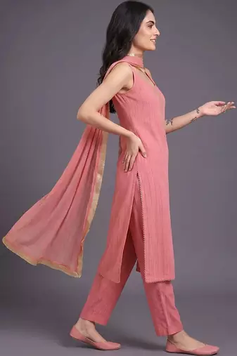women regular thread work silk crepe kurta with trousers & with dupatta