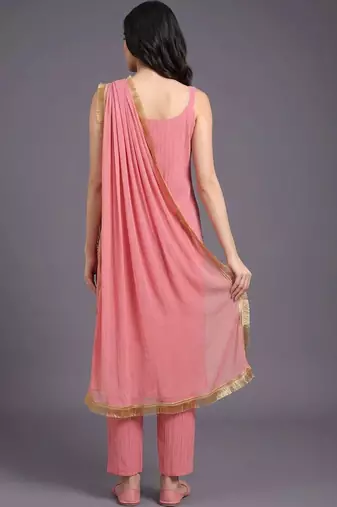 women regular thread work silk crepe kurta with trousers & with dupatta