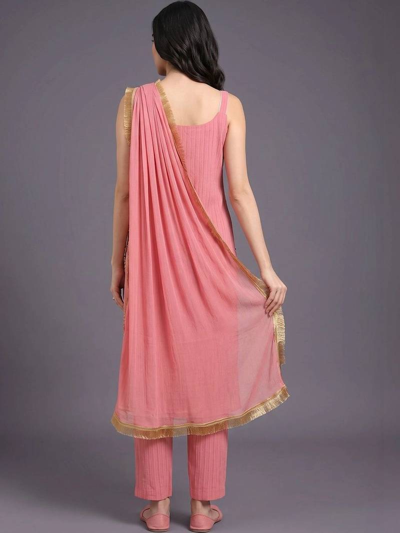 women regular thread work silk crepe kurta with trousers & with dupatta