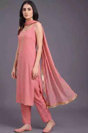 women regular thread work silk crepe kurta with trousers & with dupatta
