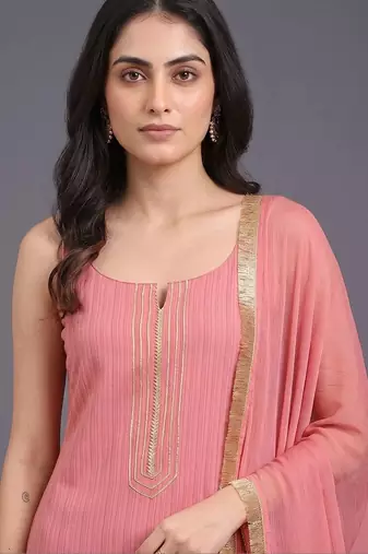 women regular thread work silk crepe kurta with trousers & with dupatta