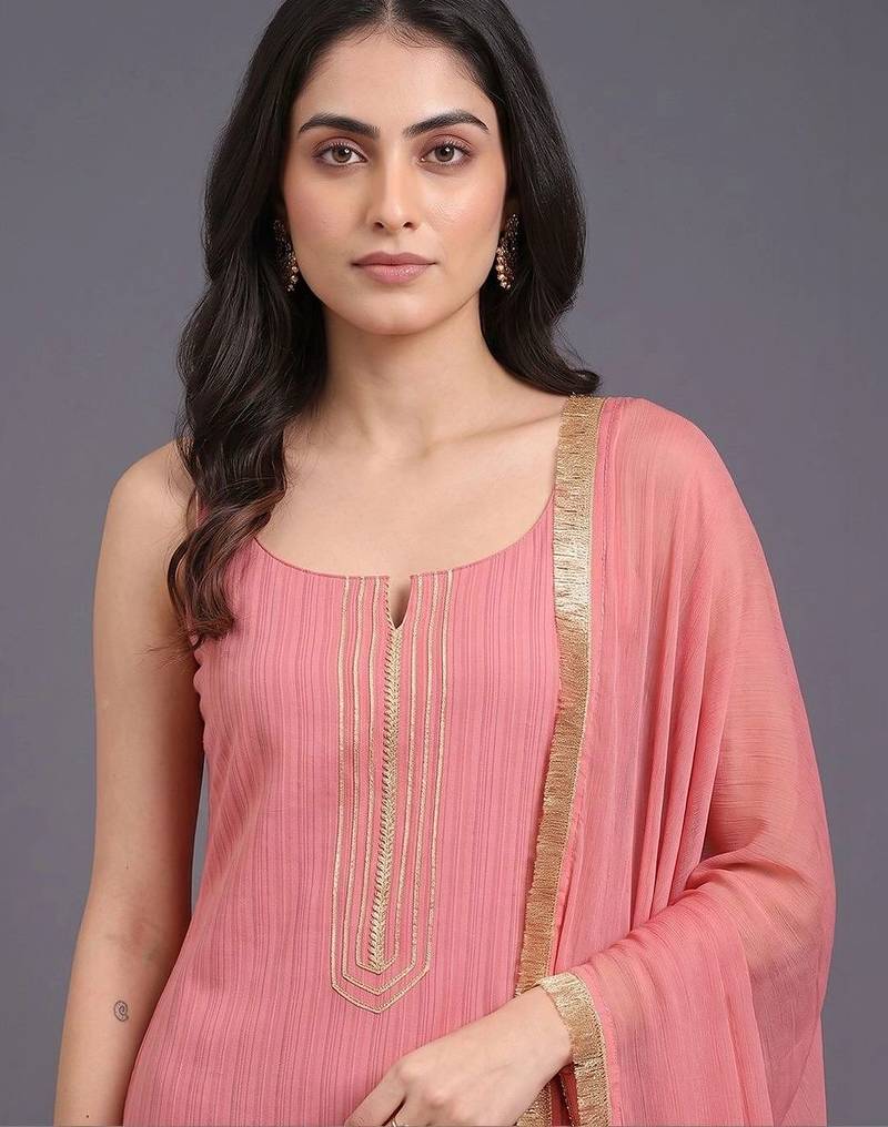 women regular thread work silk crepe kurta with trousers & with dupatta
