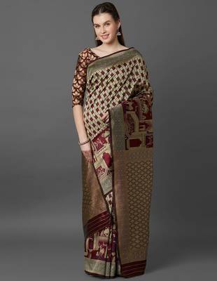beige beige & maroon silk blend printed banarasi saree 1