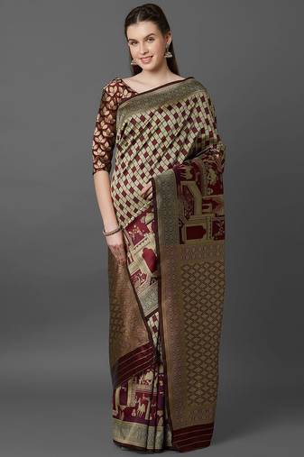 beige beige & maroon silk blend printed banarasi saree
