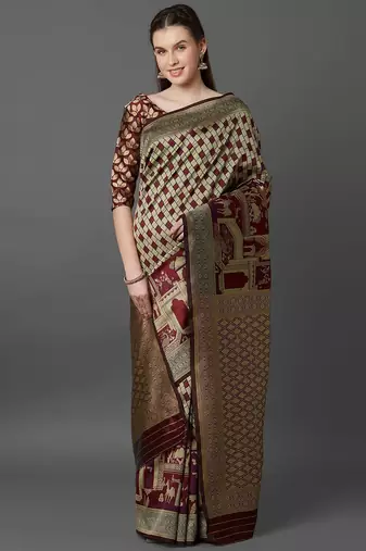 beige beige & maroon silk blend printed banarasi saree
