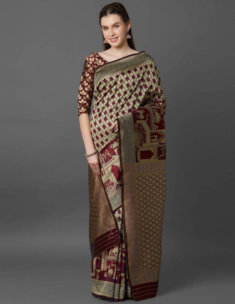 beige beige & maroon silk blend printed banarasi saree