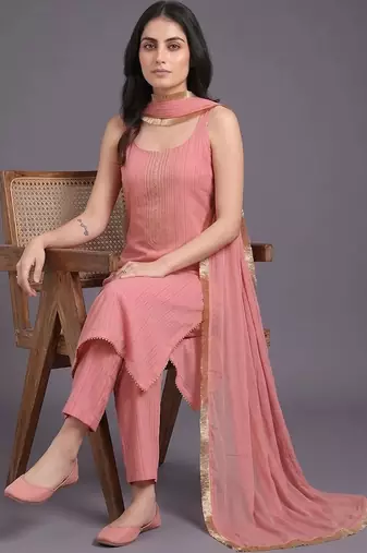 women regular thread work silk crepe kurta with trousers & with dupatta