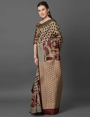 beige beige & maroon silk blend printed banarasi saree 3