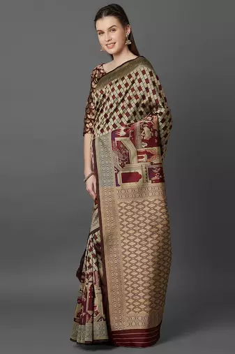 beige beige & maroon silk blend printed banarasi saree