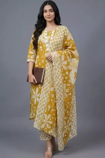 women floral printed regular kurta with trousers & with dupatta
