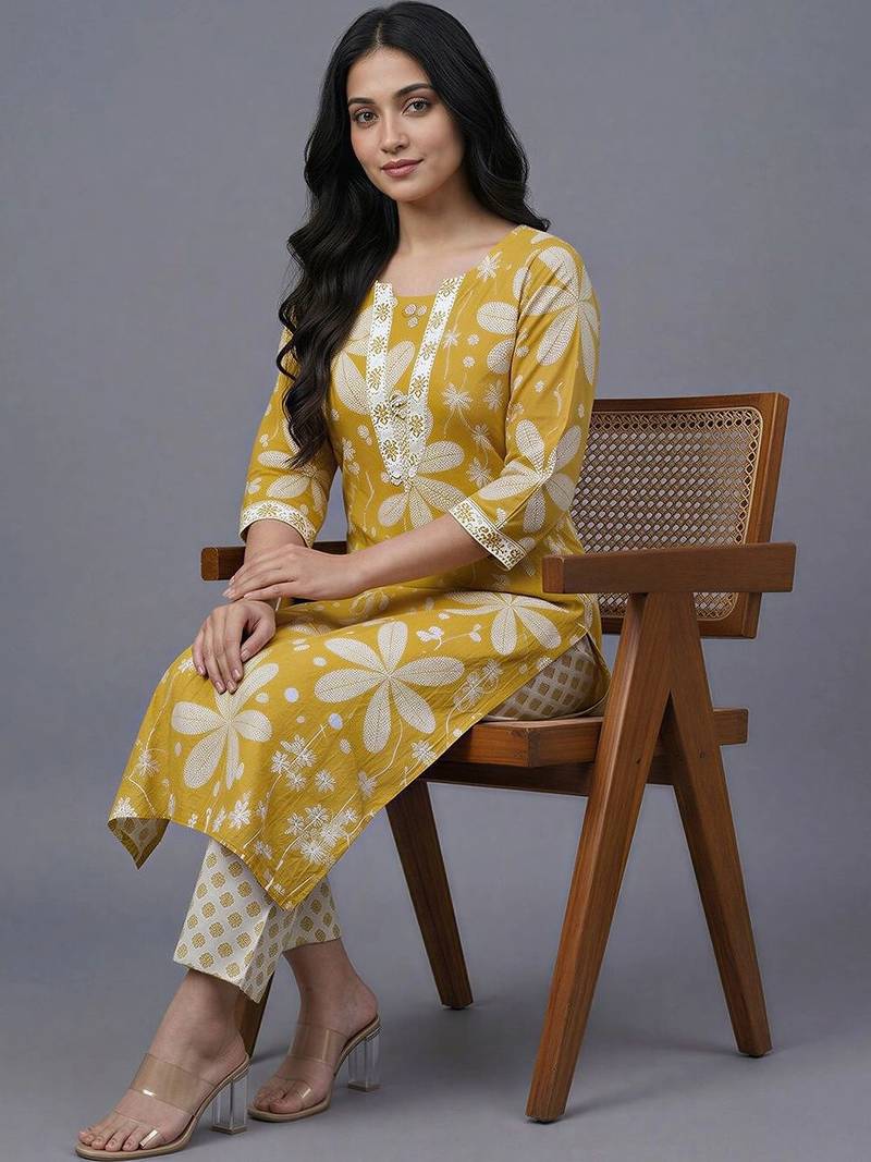 women floral printed regular kurta with trousers & with dupatta