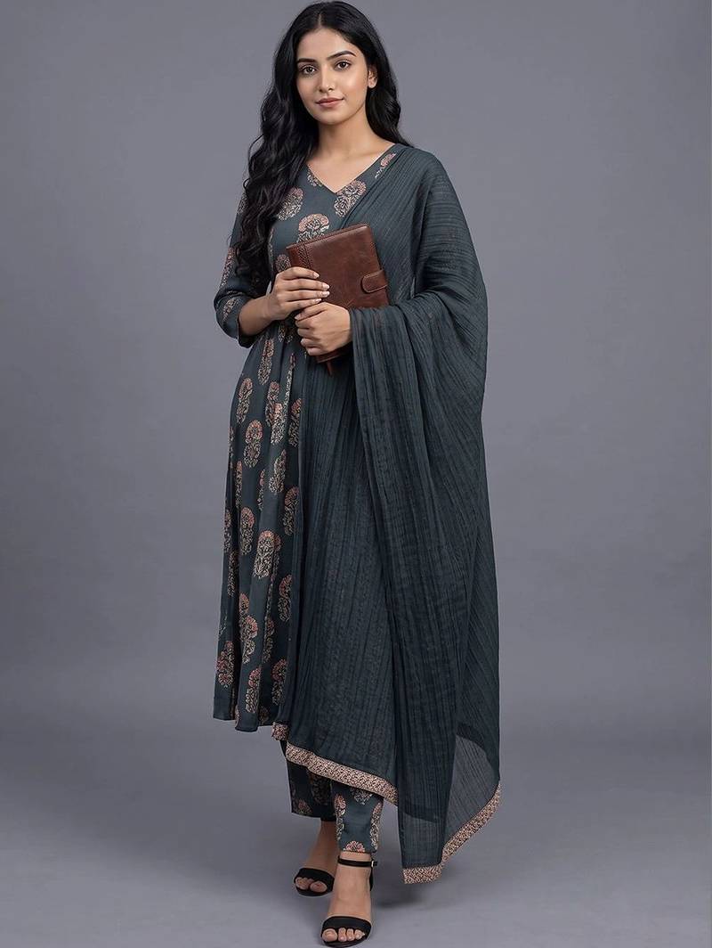 women ethnic motifs printed regular kurta with trousers & with dupatta
