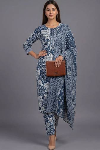 women floral printed regular kurta with trousers & with dupatta