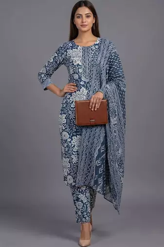 women floral printed regular kurta with trousers & with dupatta