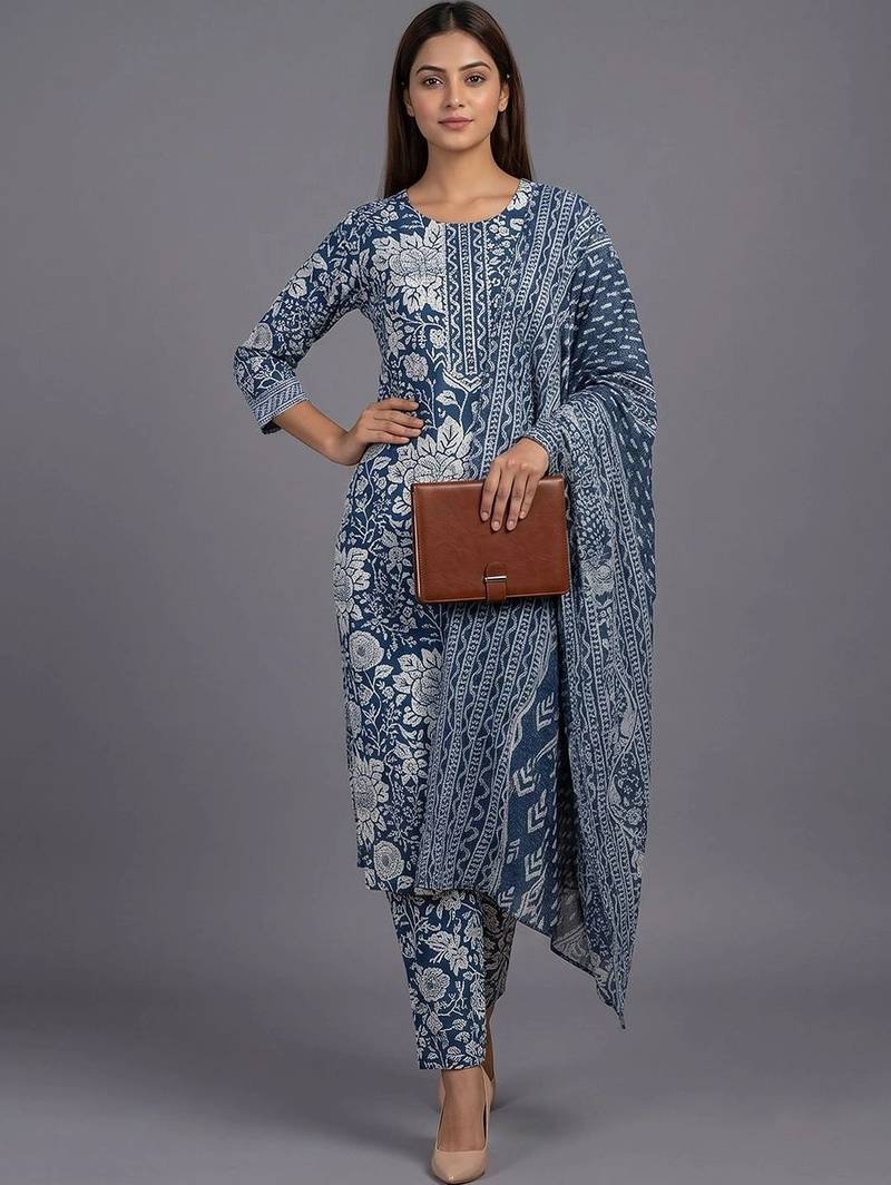 women floral printed regular kurta with trousers & with dupatta