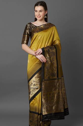 mustard mustard yellow silk blend solid banarasi saree