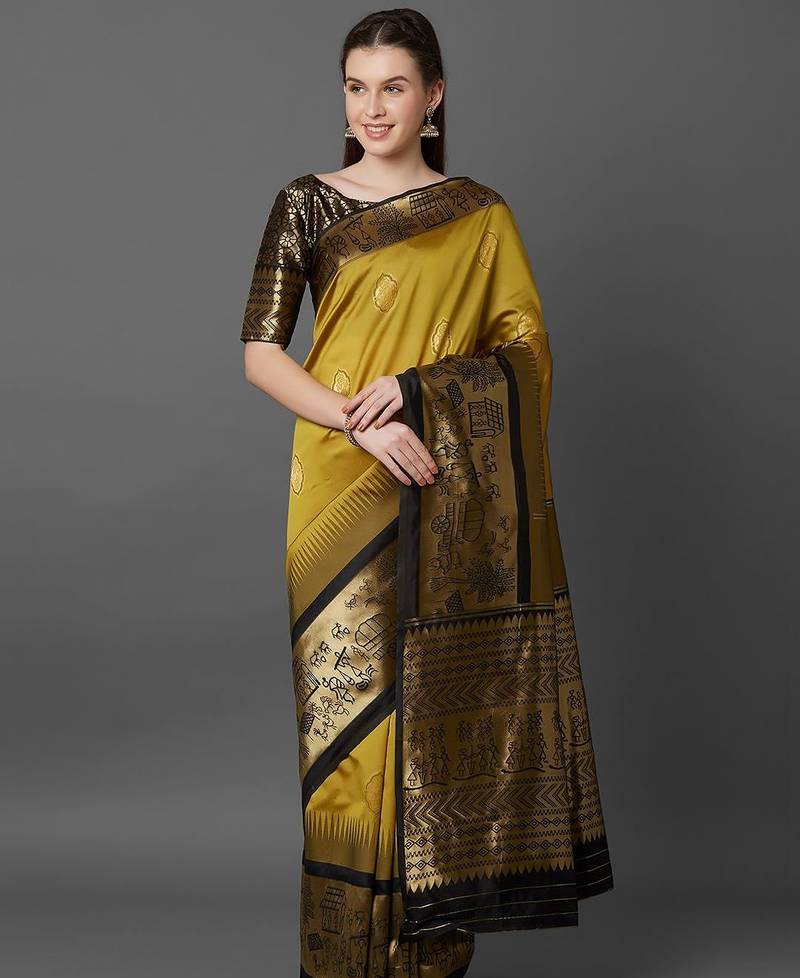 mustard mustard yellow silk blend solid banarasi saree