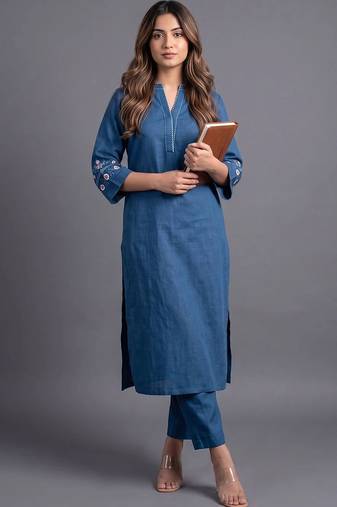 women ethnic motifs embroidered regular thread work kurta with trousers