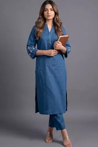 women ethnic motifs embroidered regular thread work kurta with trousers