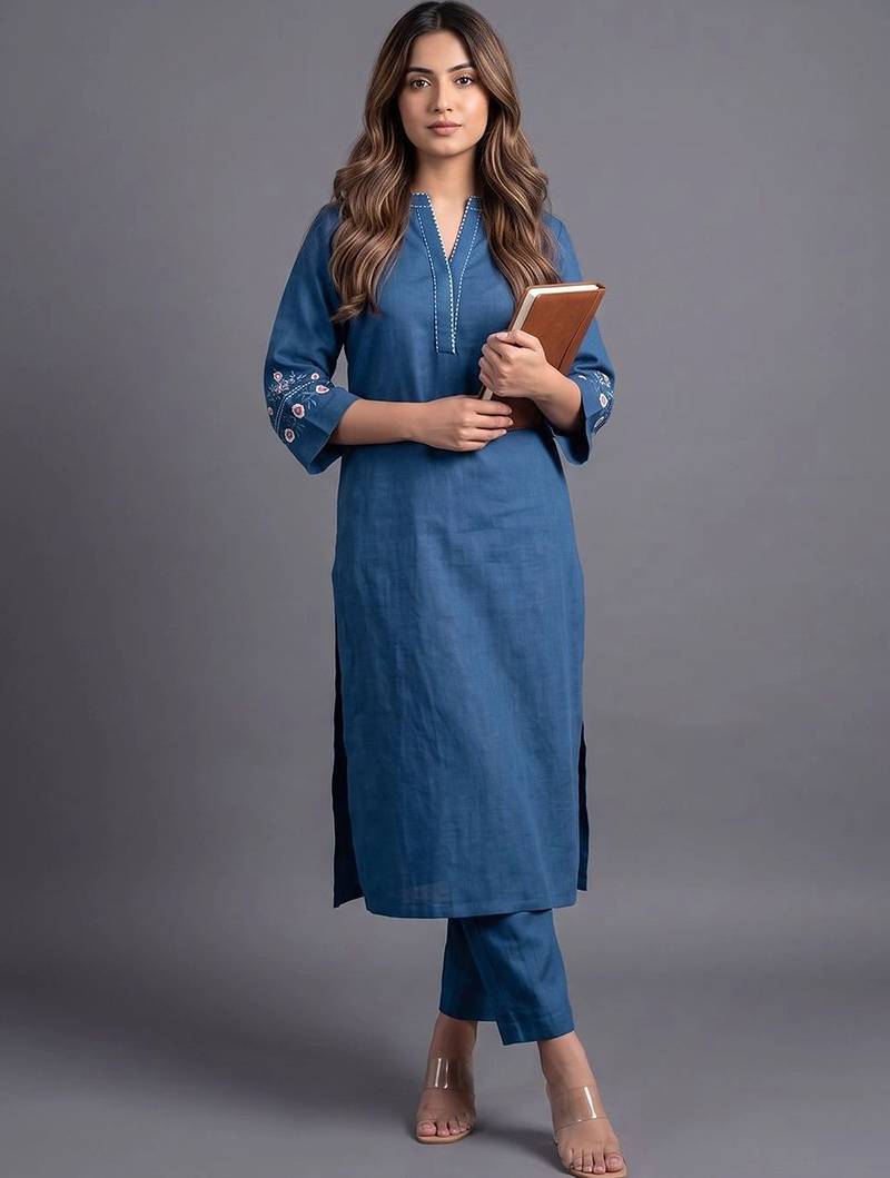women ethnic motifs embroidered regular thread work kurta with trousers