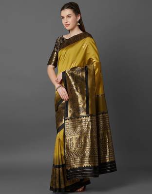 mustard mustard yellow silk blend solid banarasi saree 3