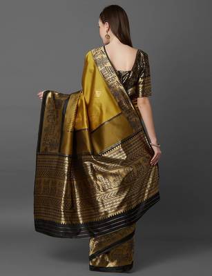 mustard mustard yellow silk blend solid banarasi saree 4