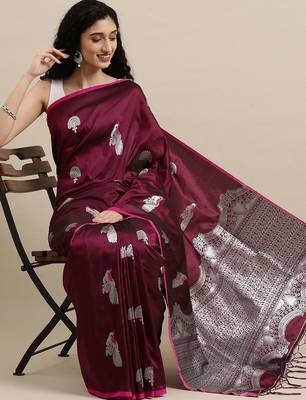 burgundy burgundy & silver-toned woven design zari lichi silk blend banarasi saree 1