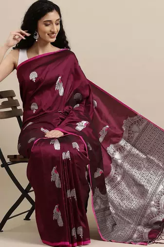 burgundy burgundy & silver-toned woven design zari lichi silk blend banarasi saree