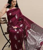 burgundy burgundy & silver-toned woven design zari lichi silk blend banarasi saree