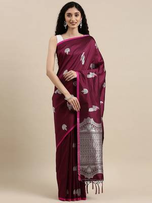 burgundy burgundy & silver-toned woven design zari lichi silk blend banarasi saree 2