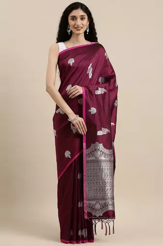 burgundy burgundy & silver-toned woven design zari lichi silk blend banarasi saree