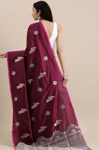 burgundy burgundy & silver-toned woven design zari lichi silk blend banarasi saree