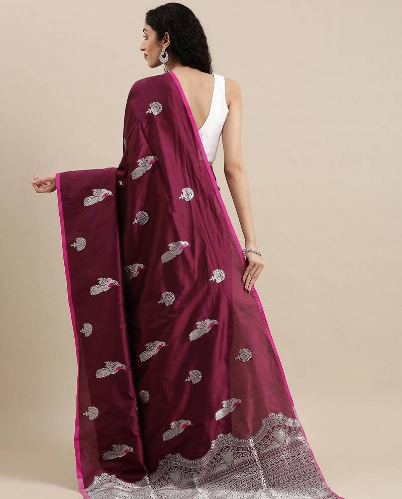 burgundy burgundy & silver-toned woven design zari lichi silk blend banarasi saree