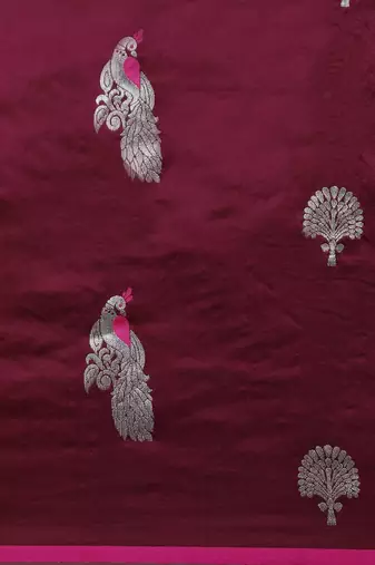 burgundy burgundy & silver-toned woven design zari lichi silk blend banarasi saree