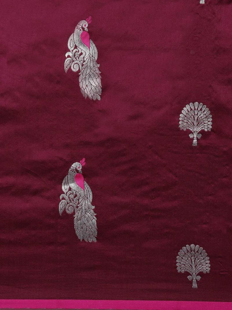 burgundy burgundy & silver-toned woven design zari lichi silk blend banarasi saree