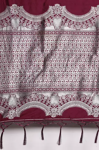 burgundy burgundy & silver-toned woven design zari lichi silk blend banarasi saree