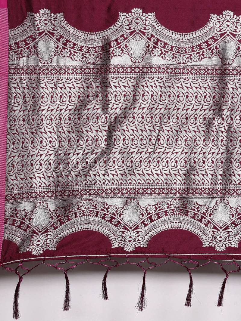 burgundy burgundy & silver-toned woven design zari lichi silk blend banarasi saree