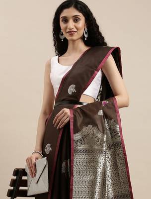 brown brown & silver-toned woven design zari lichi silk blend belted banarasi saree 1