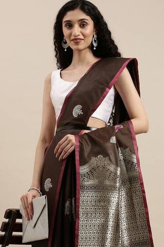 brown brown & silver-toned woven design zari lichi silk blend belted banarasi saree