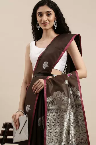 brown brown & silver-toned woven design zari lichi silk blend belted banarasi saree