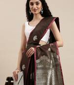 brown brown & silver-toned woven design zari lichi silk blend belted banarasi saree