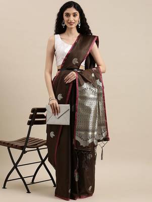 brown brown & silver-toned woven design zari lichi silk blend belted banarasi saree 2