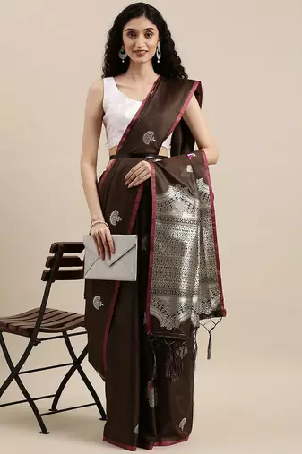 brown brown & silver-toned woven design zari lichi silk blend belted banarasi saree