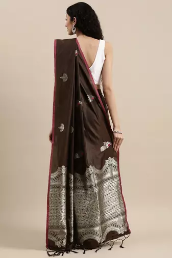 brown brown & silver-toned woven design zari lichi silk blend belted banarasi saree