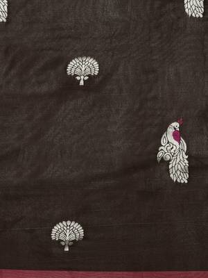 brown brown & silver-toned woven design zari lichi silk blend belted banarasi saree 4