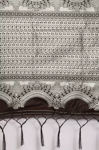 brown brown & silver-toned woven design zari lichi silk blend belted banarasi saree